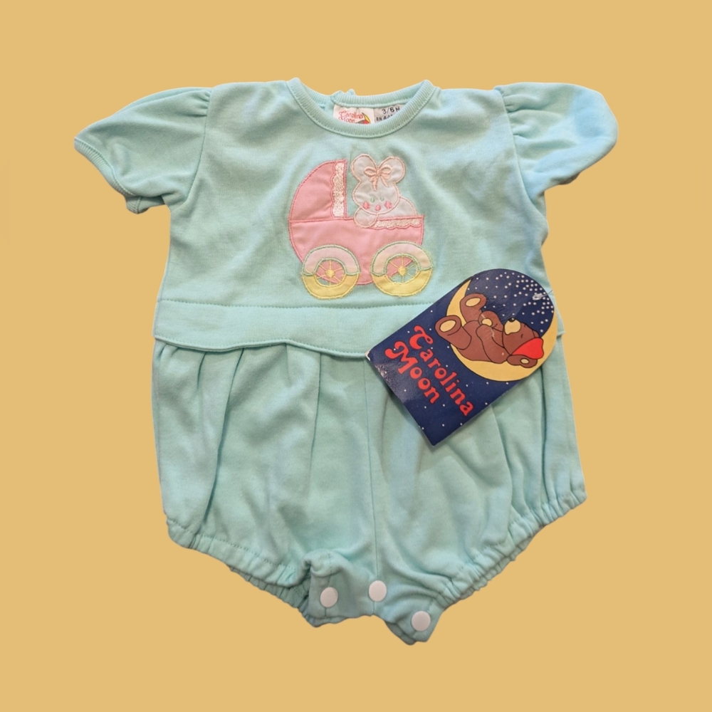 Vintage 3/6 Months Baby Blue Romper with Embroidered Design